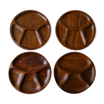 Lot de 4 assiettes ou plats de service en teck, années 70-80