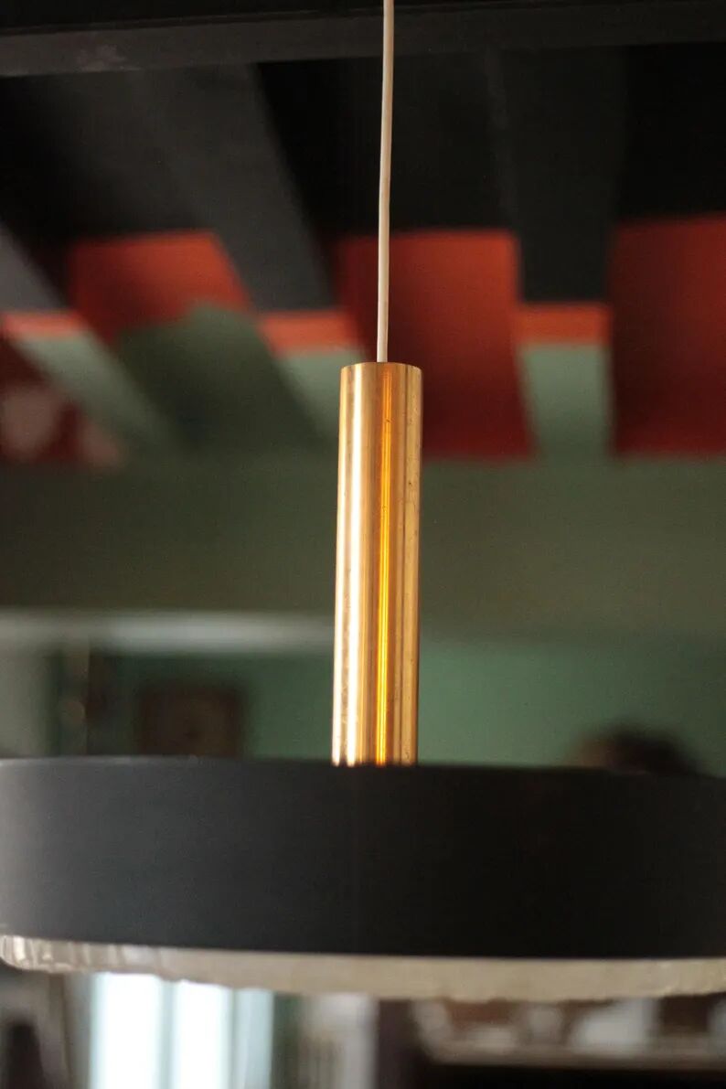 Jean Gandelin suspension in black lacquered sheet metal, white metal, brass, and diffuser in Cristalux/etched Plexiglas.
