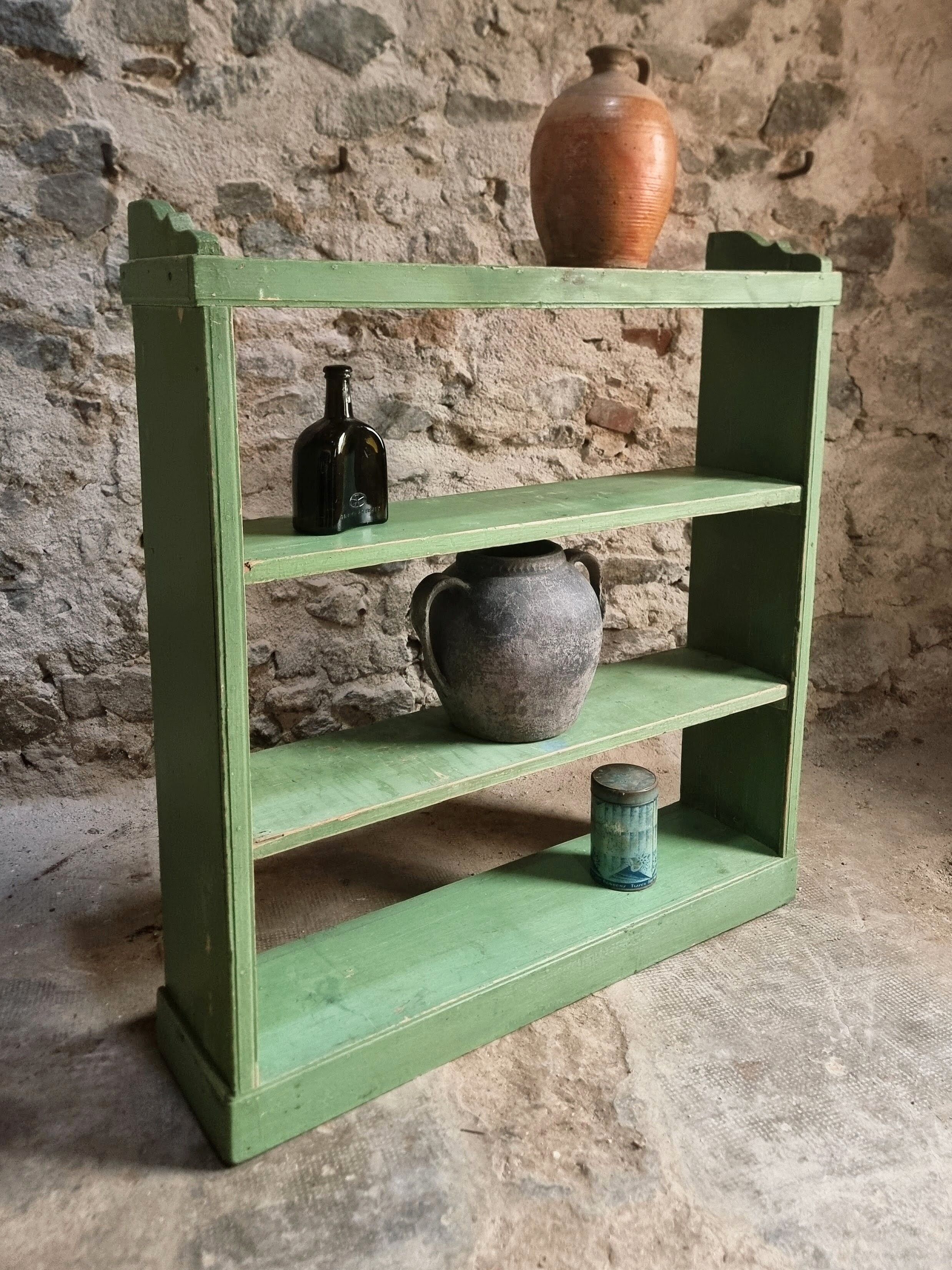 Vintage open pine shelf, original sage green paint, circa 1900–1930.