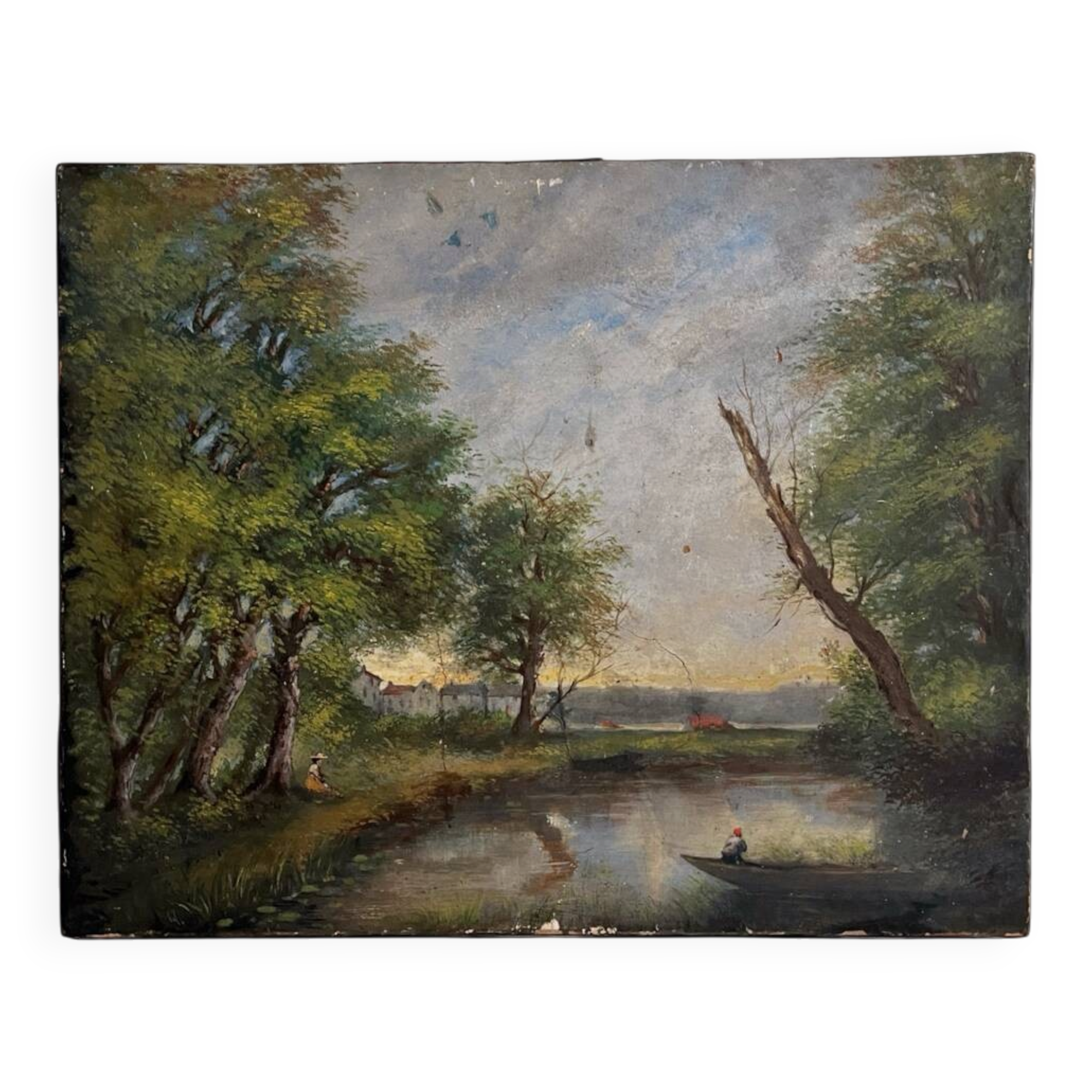Old oil painting on canvas of a landscape by the pond.