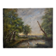Old oil painting on canvas of a landscape by the pond.