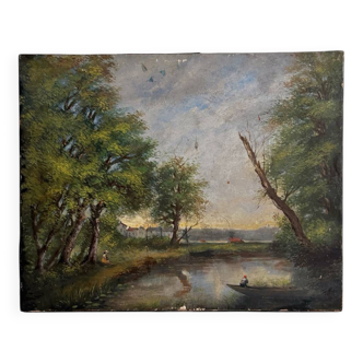 Old oil painting on canvas of a landscape by the pond.