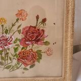 Old painting, gouache on paper, flowers, roses and carnations, framed, under glass.