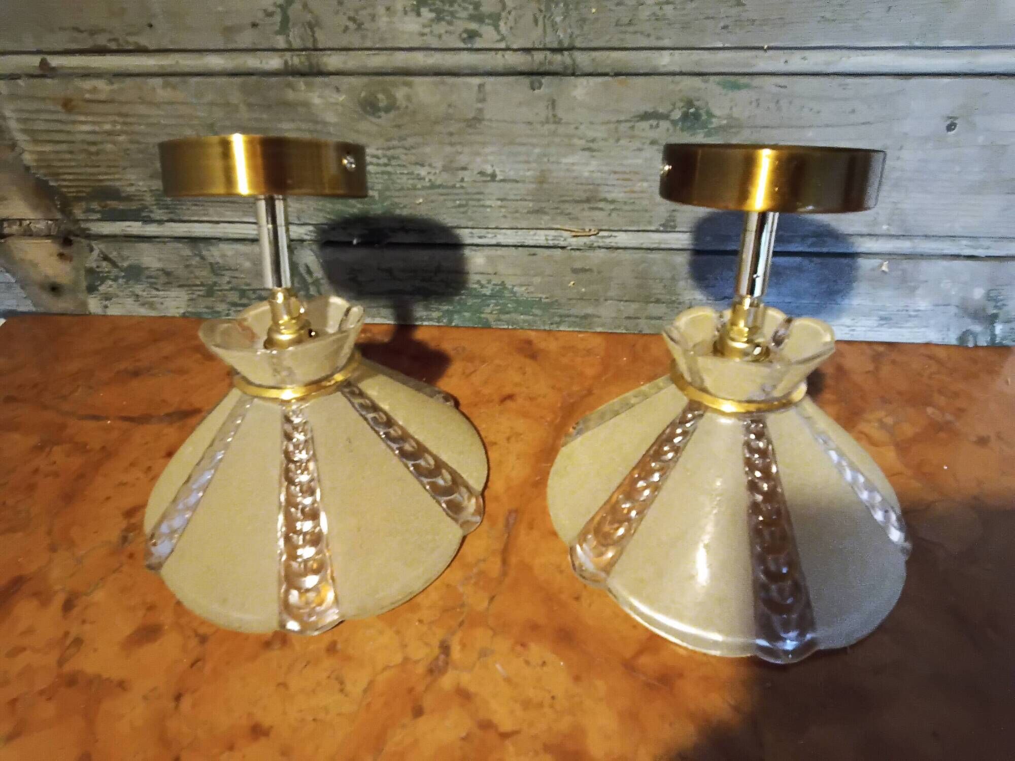Pair of vintage wall lights in pale yellow granite glass