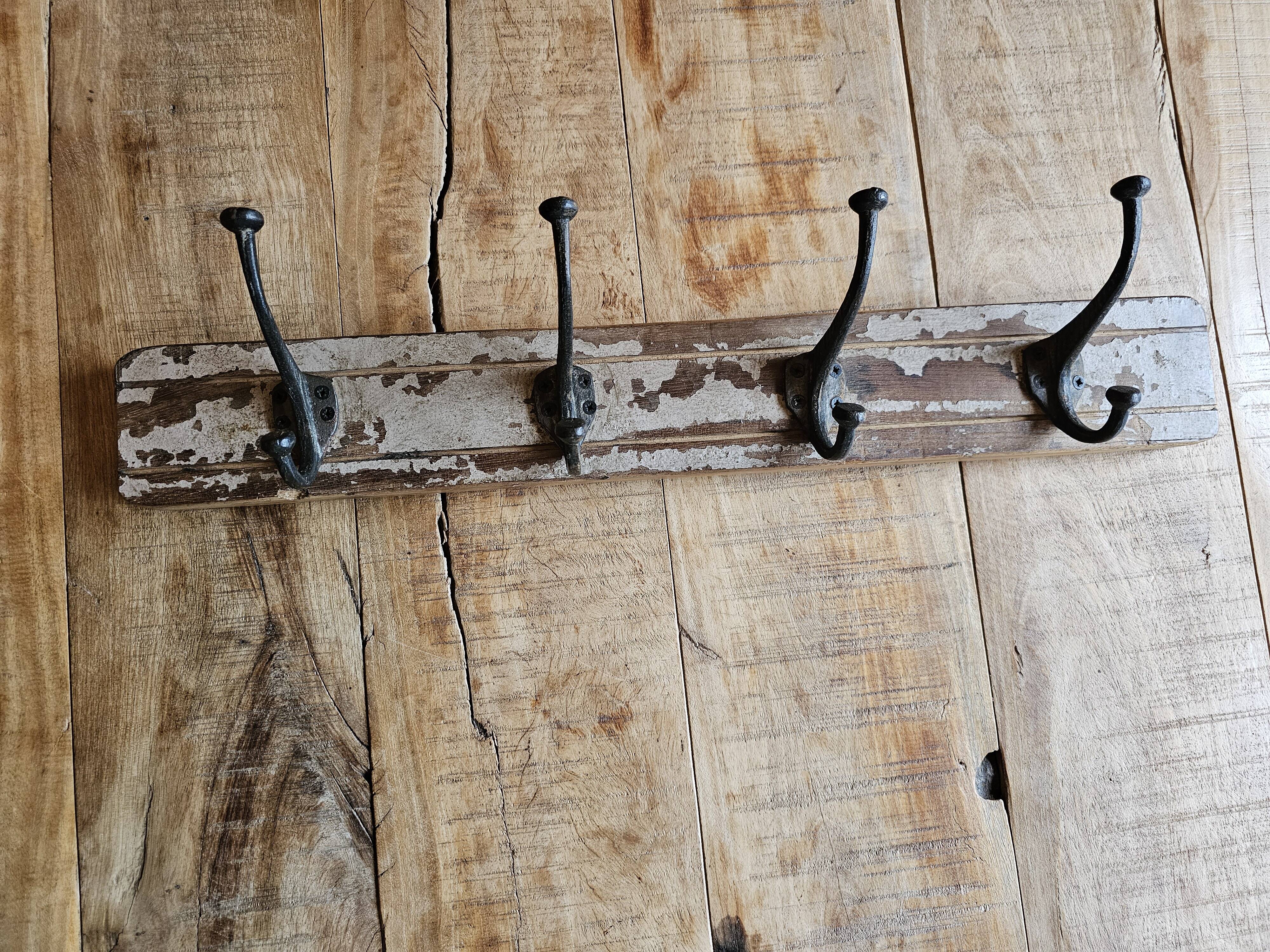 Solid teak coat hook with 4 double cast iron hooks