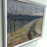 Vintage mid-century modern "river road" swedish expressionist landscape oil painting, framed