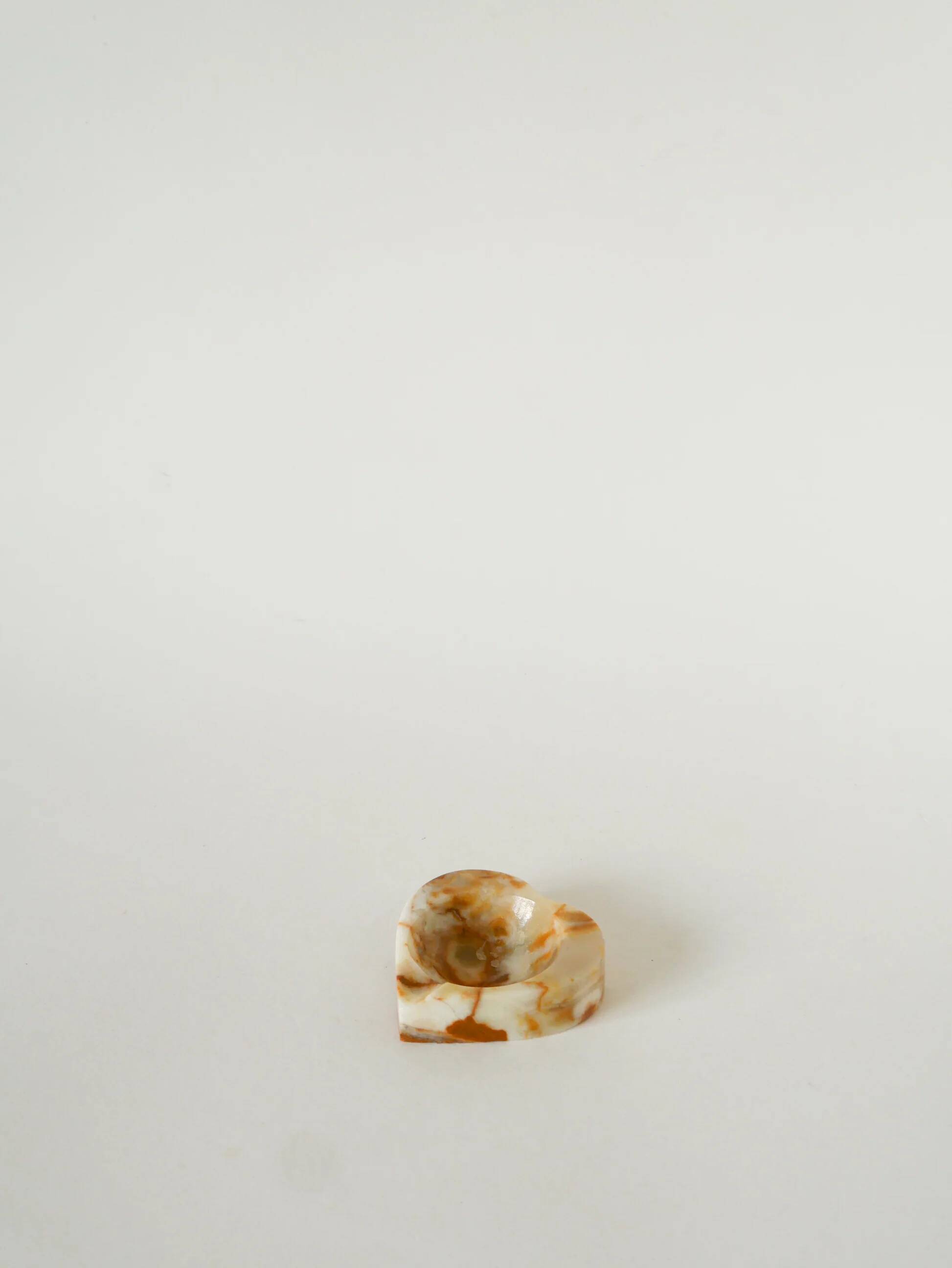 Alabaster catchall, heart shape, beige and brown, 1970.