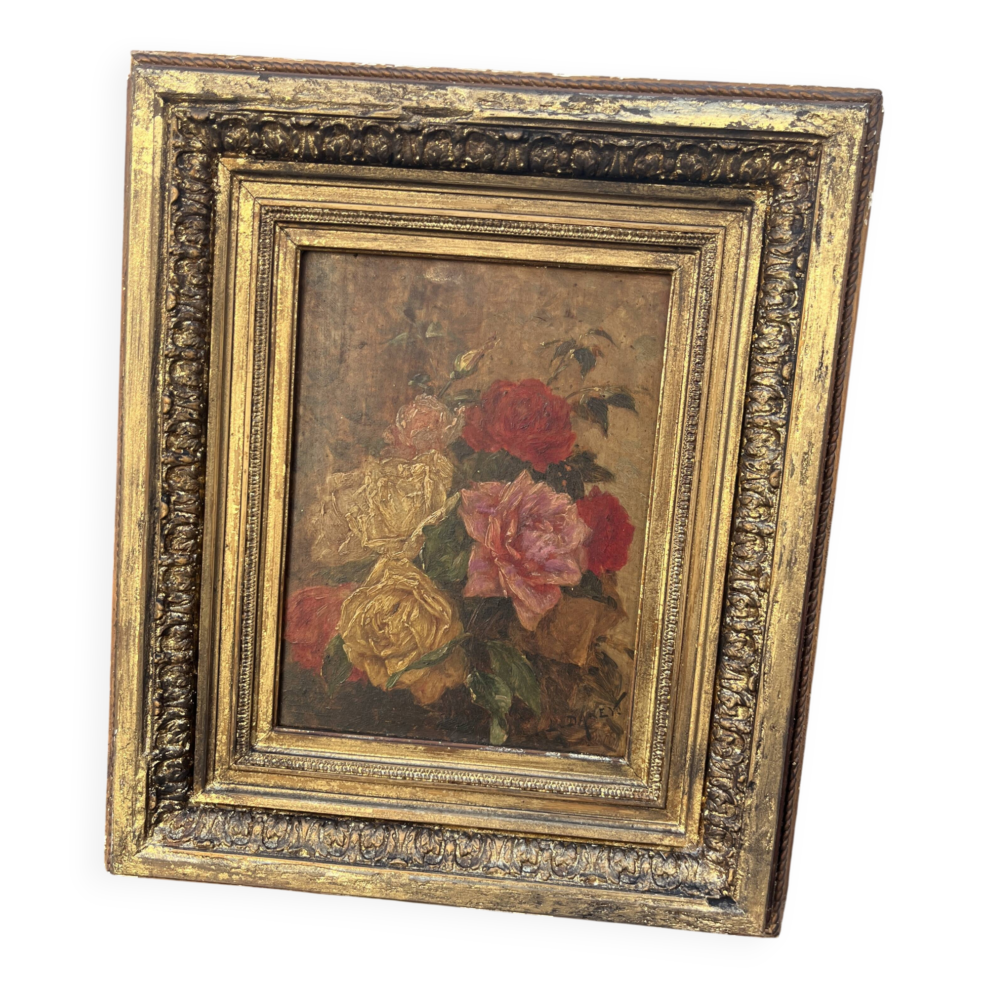 Antique Table XIX – Bouquet of Roses – Oil – Sculpted Gilded Frame