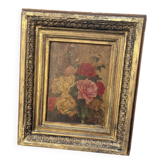 Tableau Ancien XIX – Bouquet de Roses – Huile – Cadre Doré Sculpté
