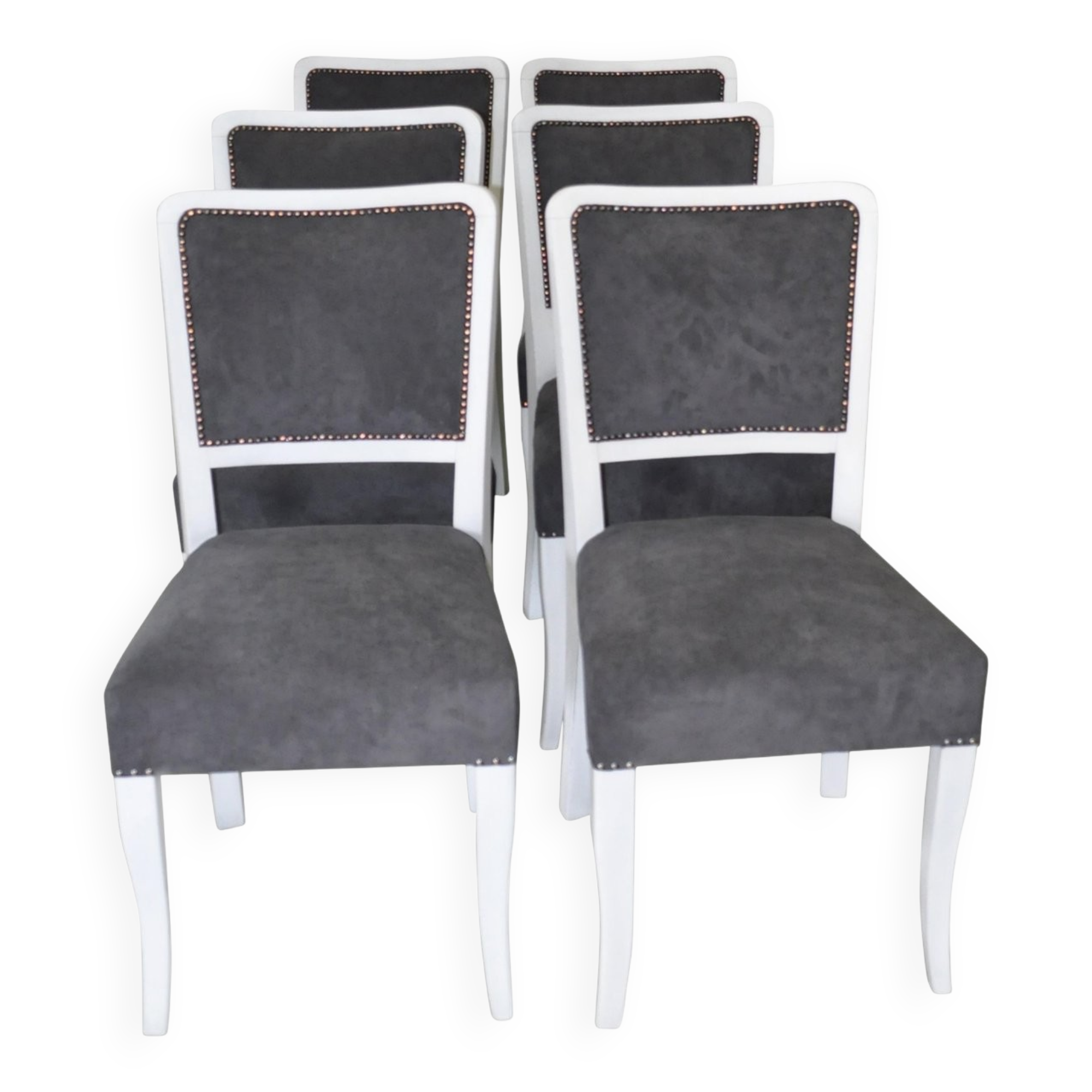 Lot de 6 chaises Art Déco gris et blanc en bois et tissu, années 1930