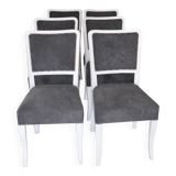 Lot de 6 chaises Art Déco gris et blanc en bois et tissu, années 1930