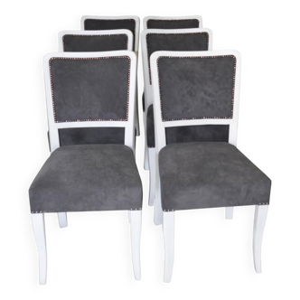 Set of 6 Art Deco grey and white chairs in wood and fabric, 1930s.