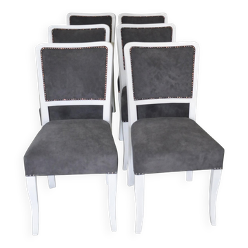Set of 6 Art Deco grey and white chairs in wood and fabric, 1930s.