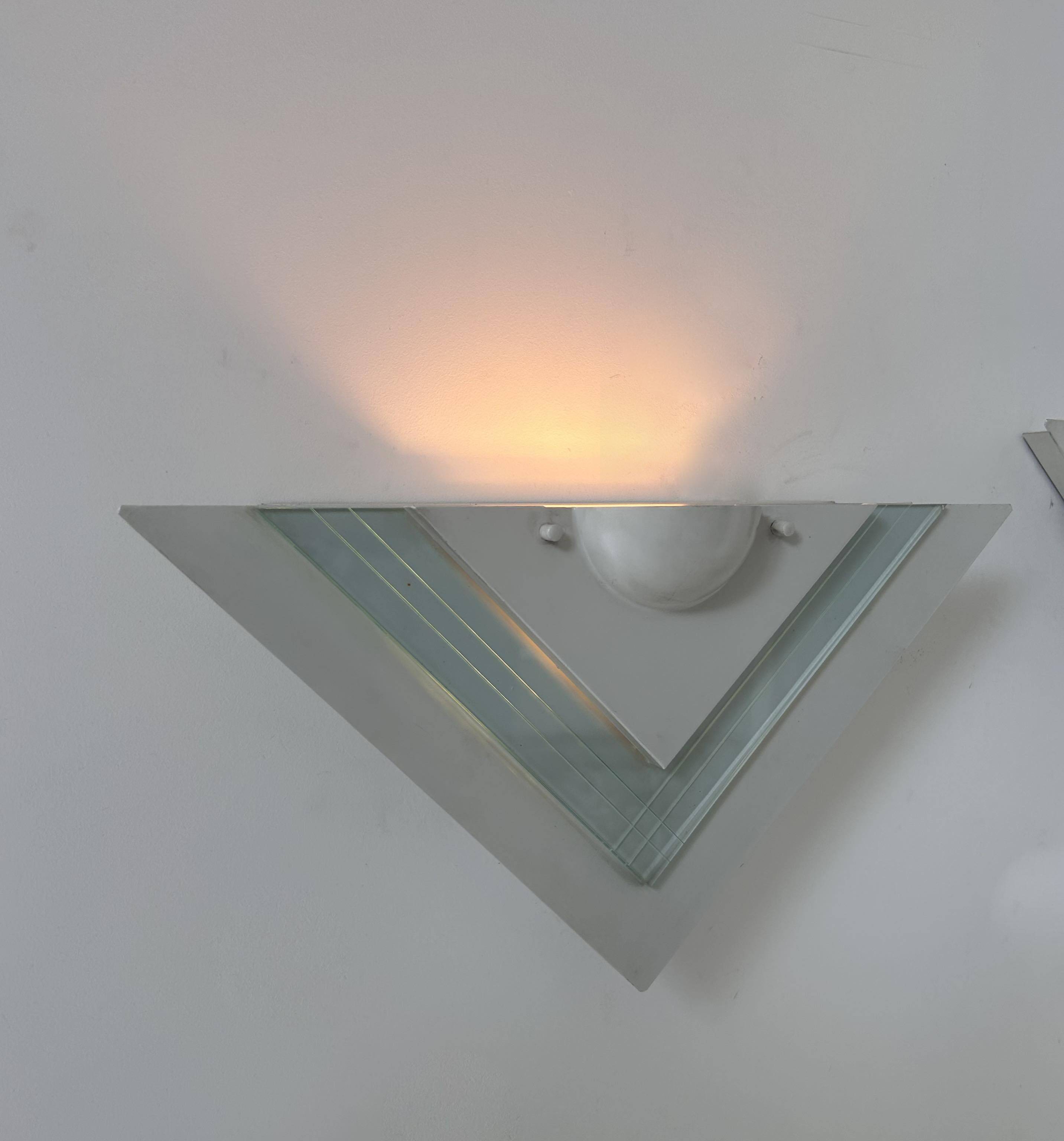 Pair of vintage wall lights, white lacquered metal and glass, Germany 1970s