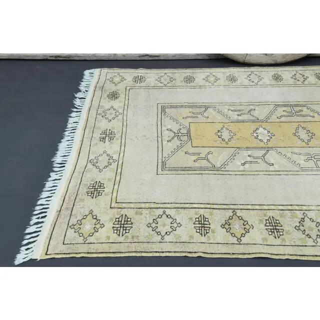 1970s Vintage Turkish Oushak Handmade Wool Cotton Beige Area Rug 161x230