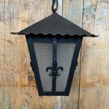 Antique black metal lantern pendant + glass fleur de lys decor vintage