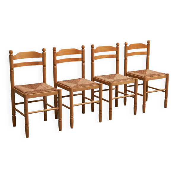 Ensemble 4 chaises salle à manger Mid Century en hêtre années 1970