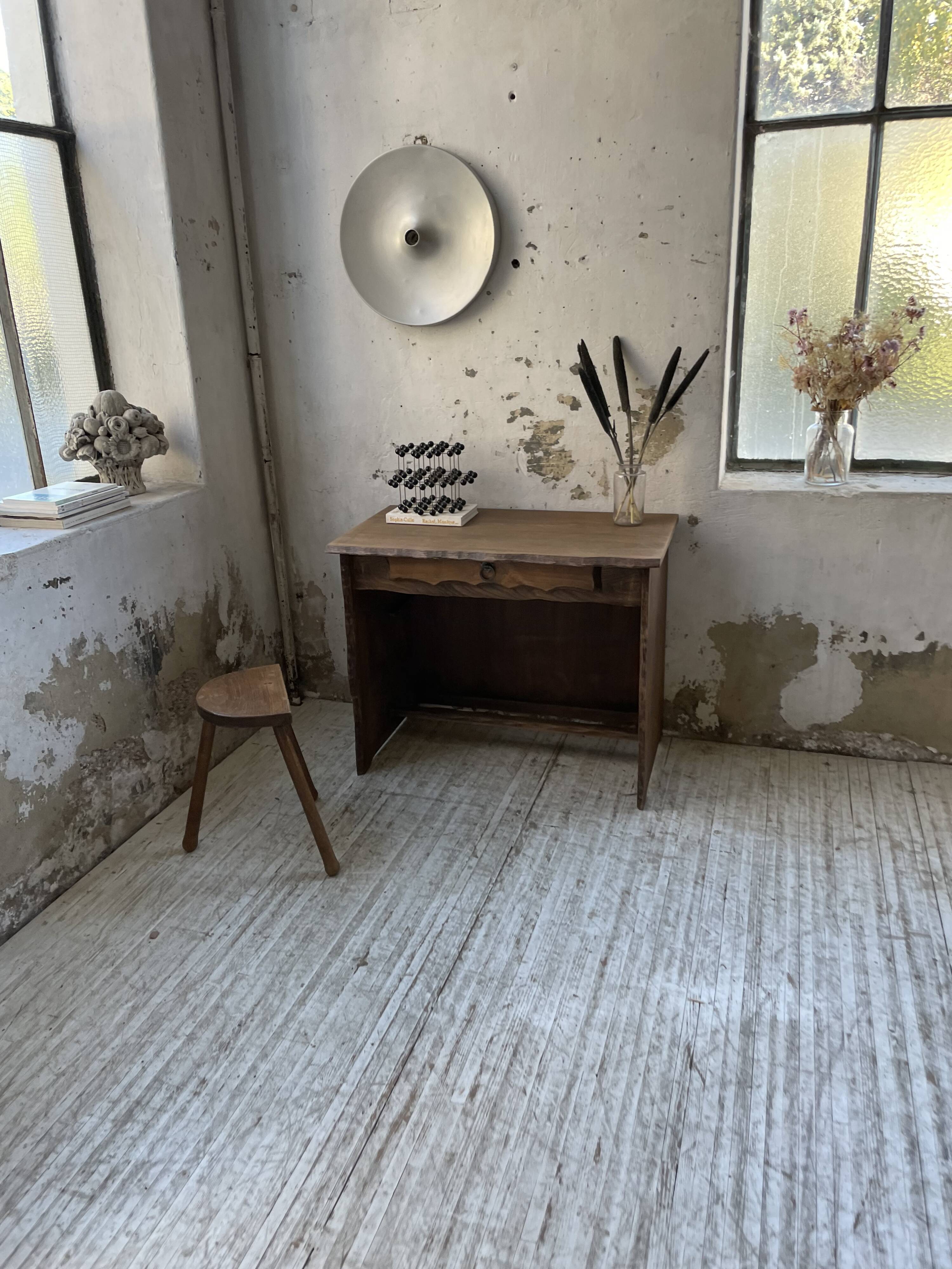Brutalist desk in elm, signed Aranjou.