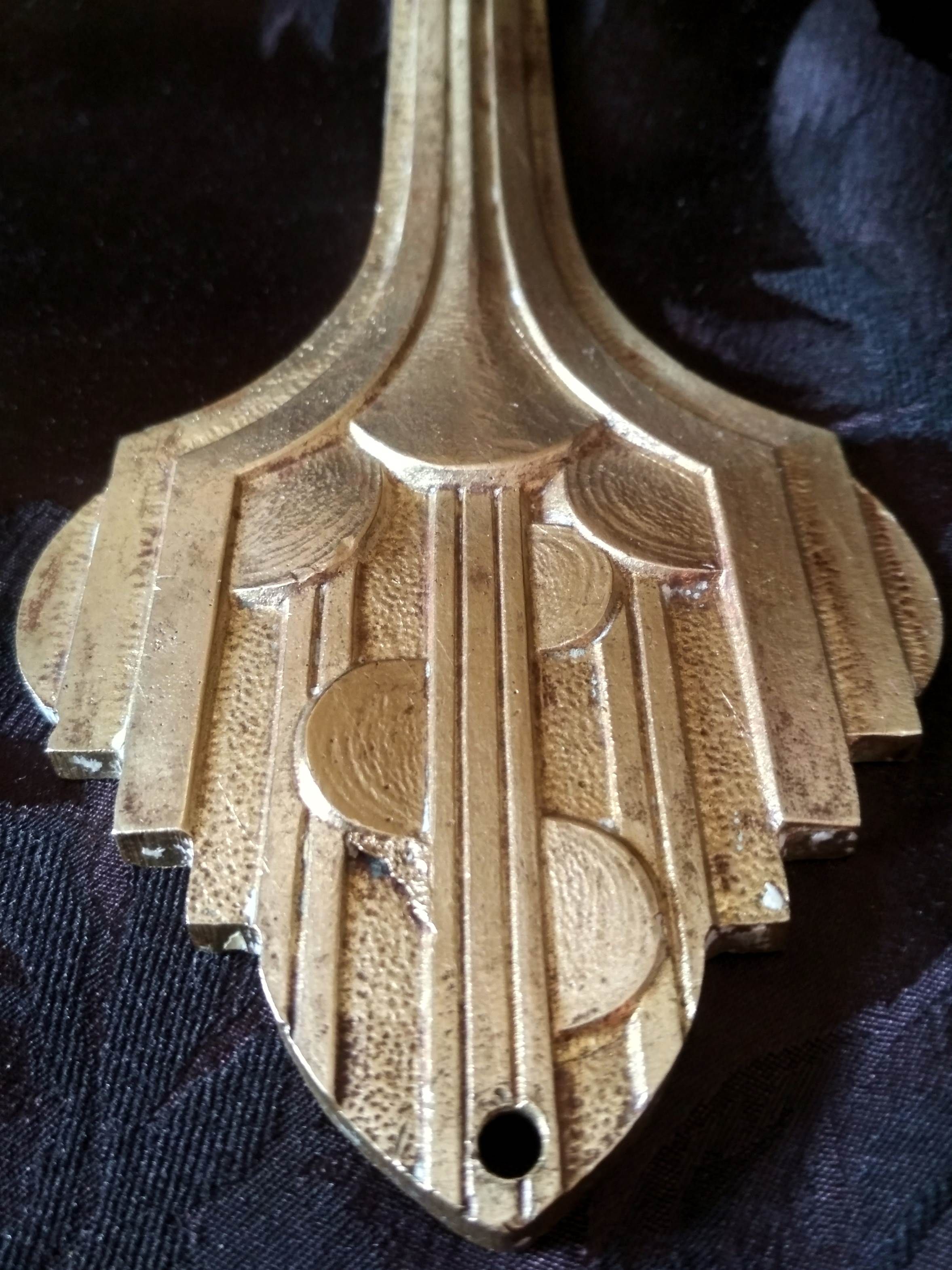 Art deco sconce, golden brass and yellow speckled Clichy glass globe