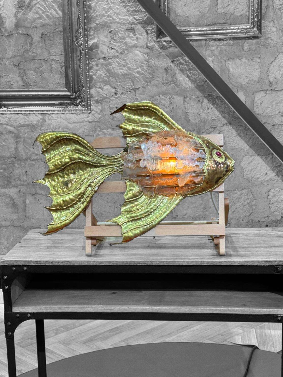 Vintage brass and stone fish-shaped wall light, 1970s