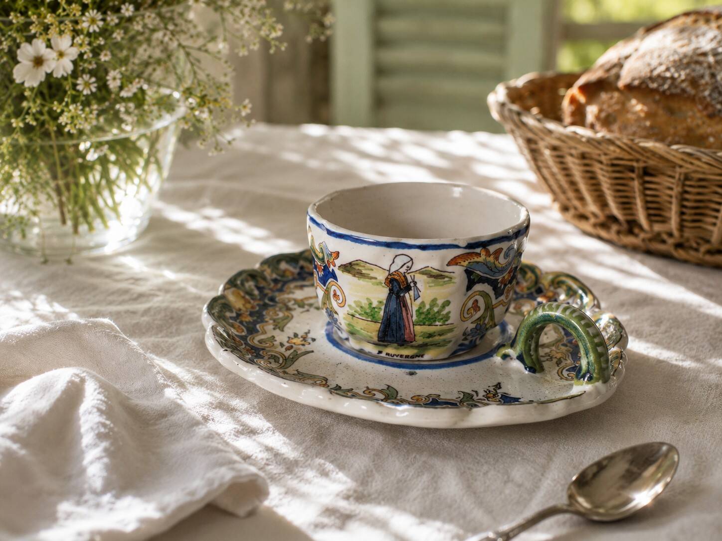 Breakfast set duo Desvres Fourmaintraux regionalist decoration