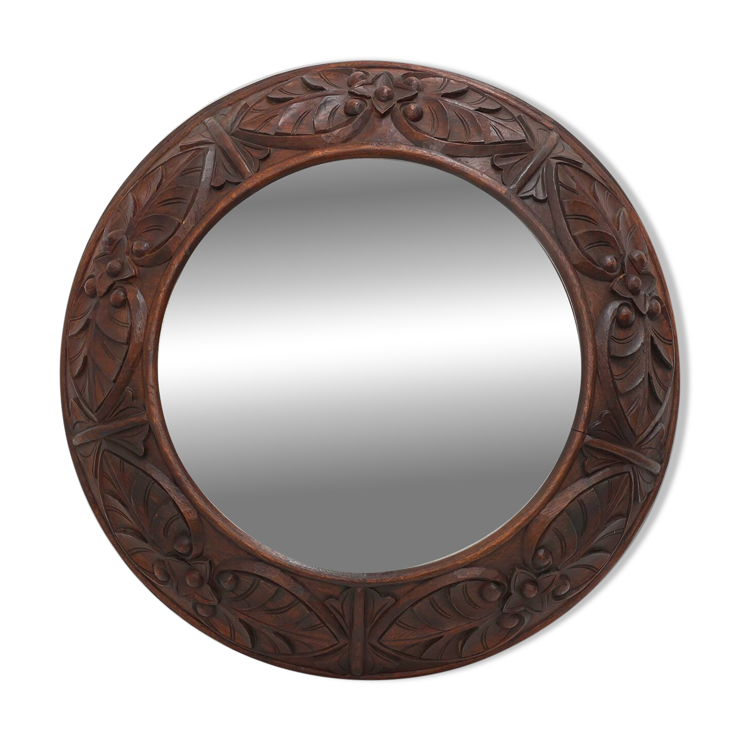 Large oak rustic wall mirror with floral carvings, France 1900s