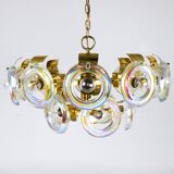 Large brass chandelier by Oscar Torlasco, rainbow optical glass rings, Italy, 1970s.