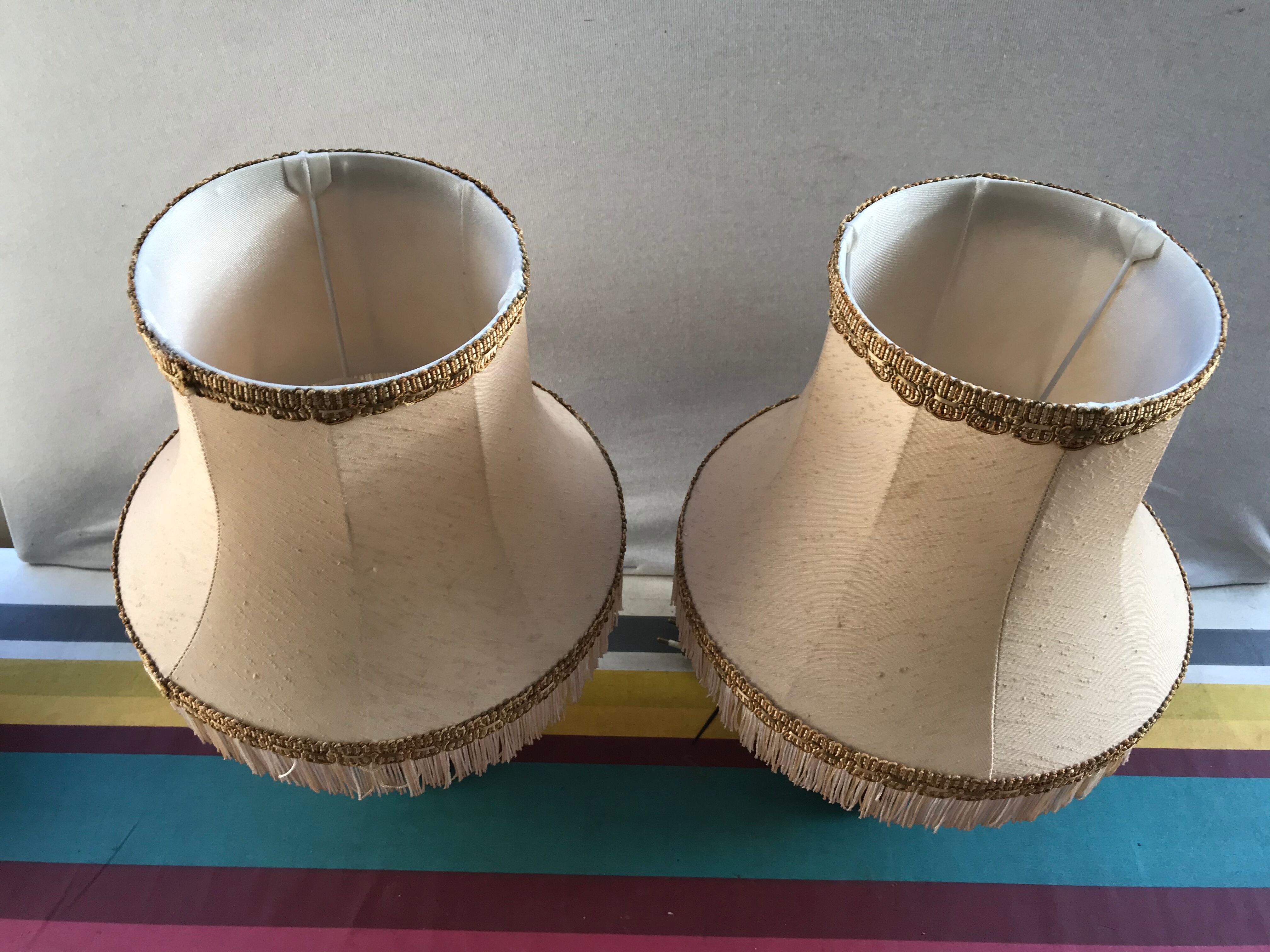Pair of ancient ceramic lamp Moustiers style with vintage cream lampshades