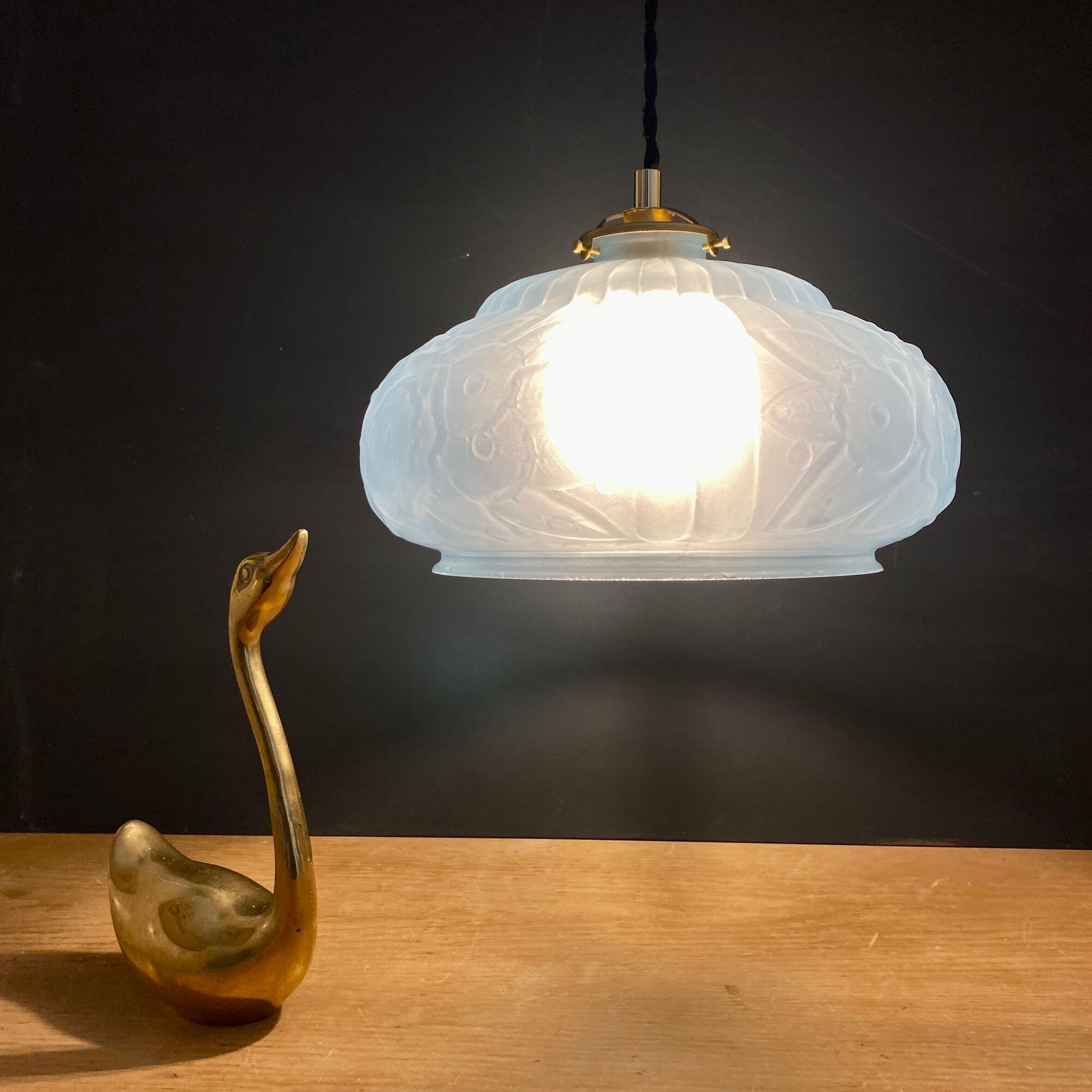 Vintage art deco lampshade pendant lamp in blue frosted glass