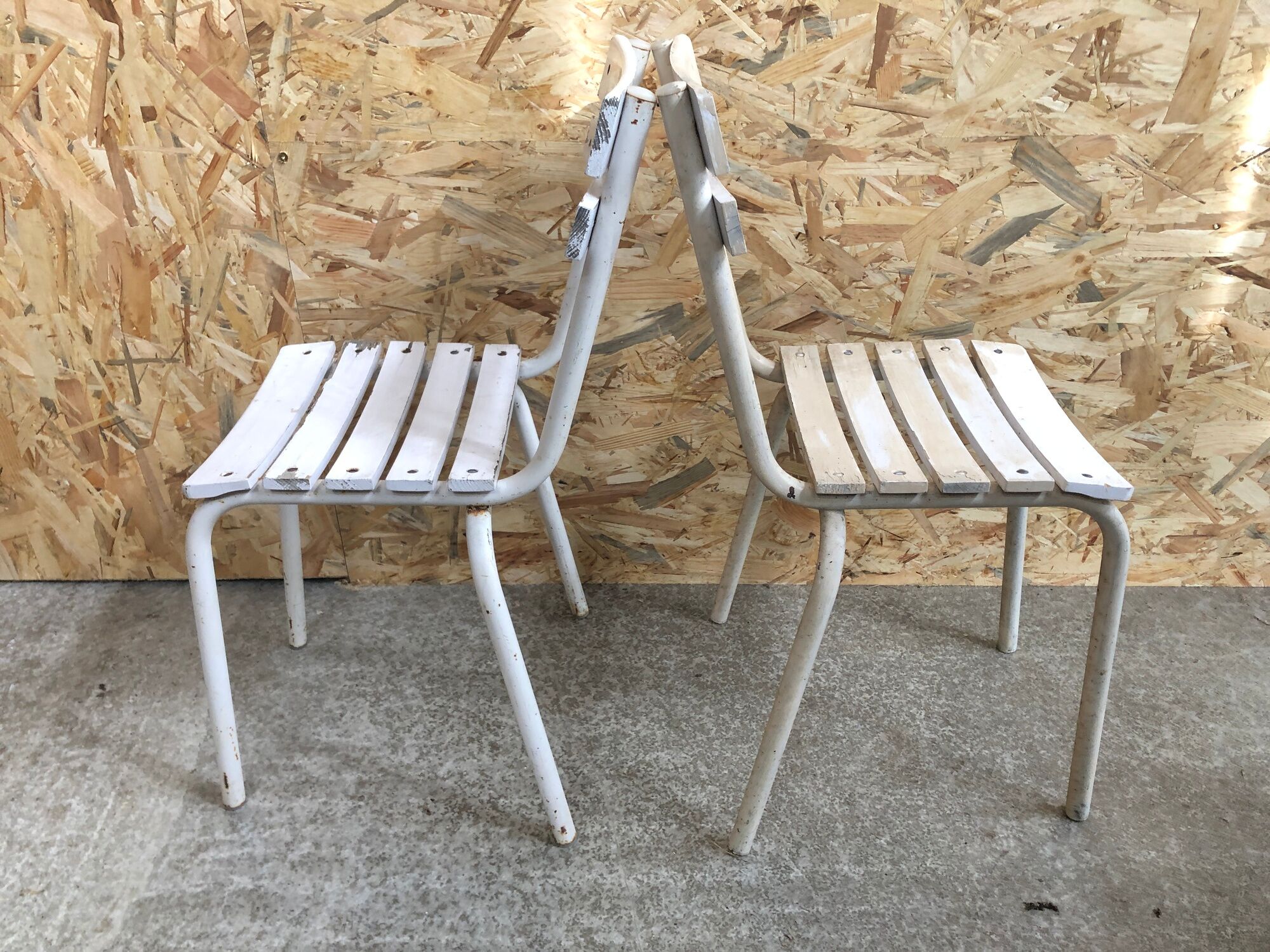 Pair Old Garden Chair Metal Structure + Vintage White Wood Slats