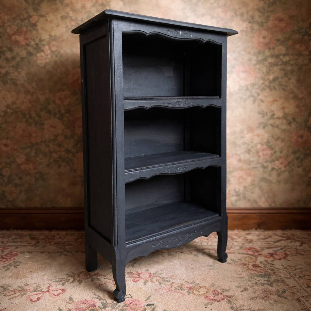 Antique mini oak bookcase – small 19th-century library with slate patina, a lovely rarity.