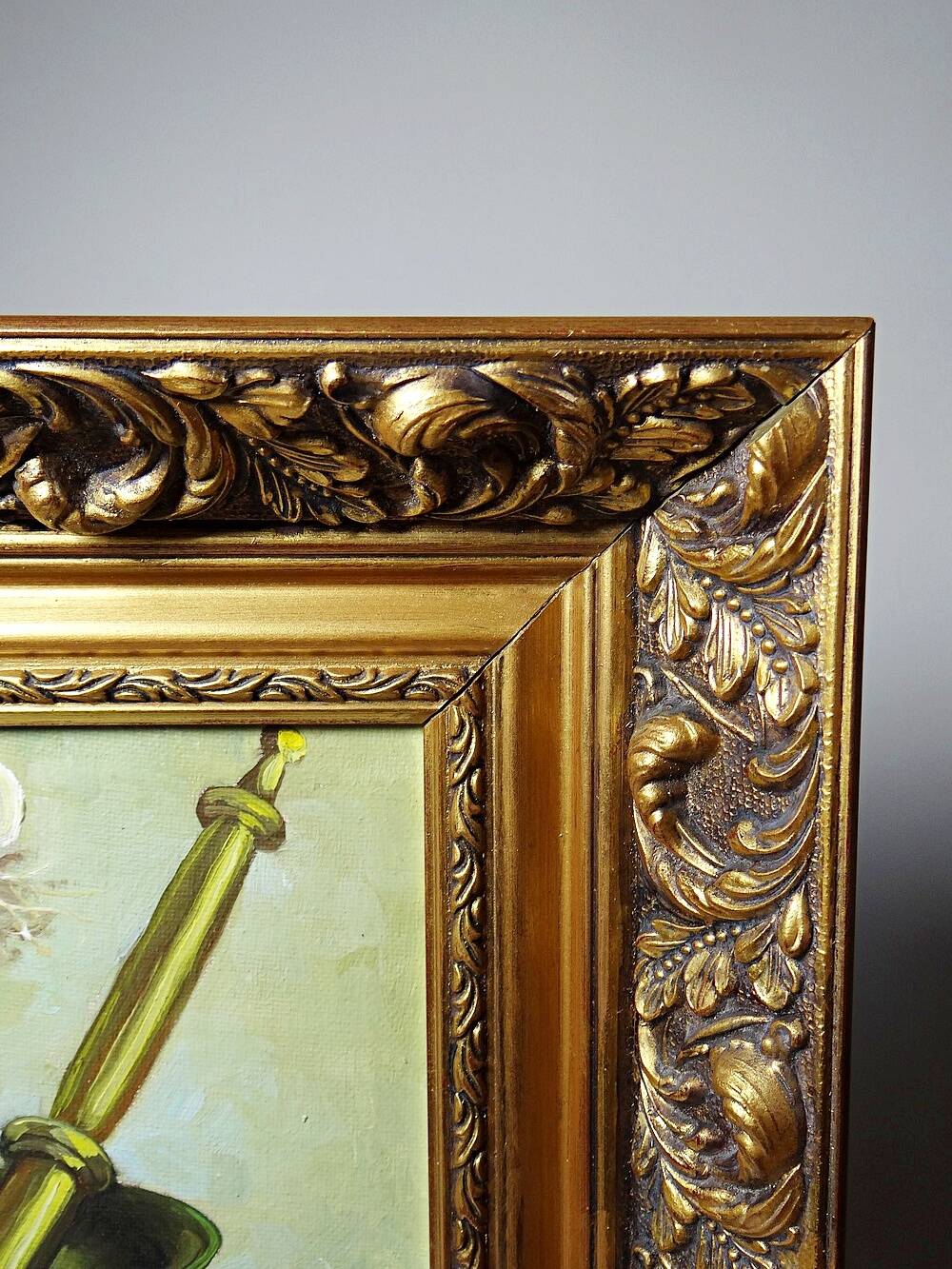 Still life with garlic, egg, and mortar signed Sarpe, 1979, oil on canvas.