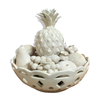 Trompe l'oeil fruit cut in white earthenware by Jean Roger, circa 1960.