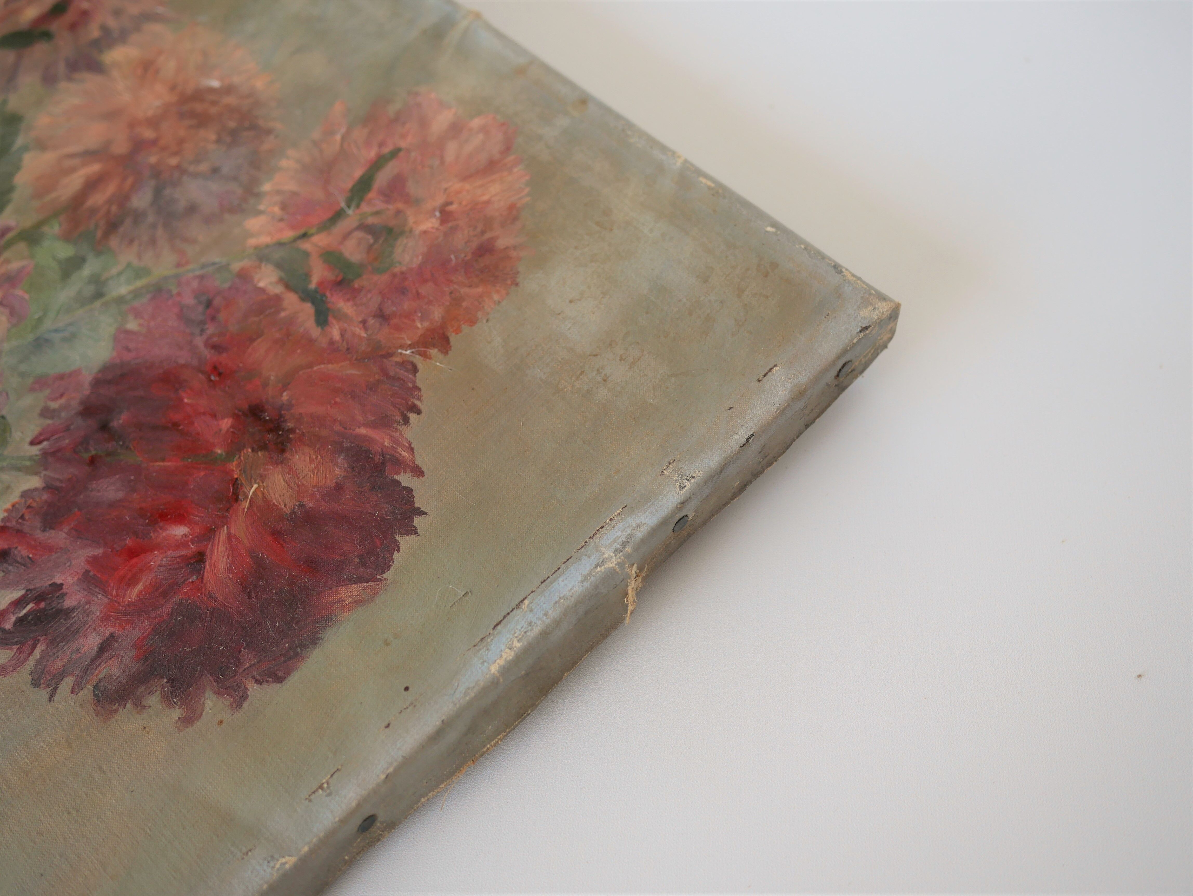 Table flowers oil on vintage canvas