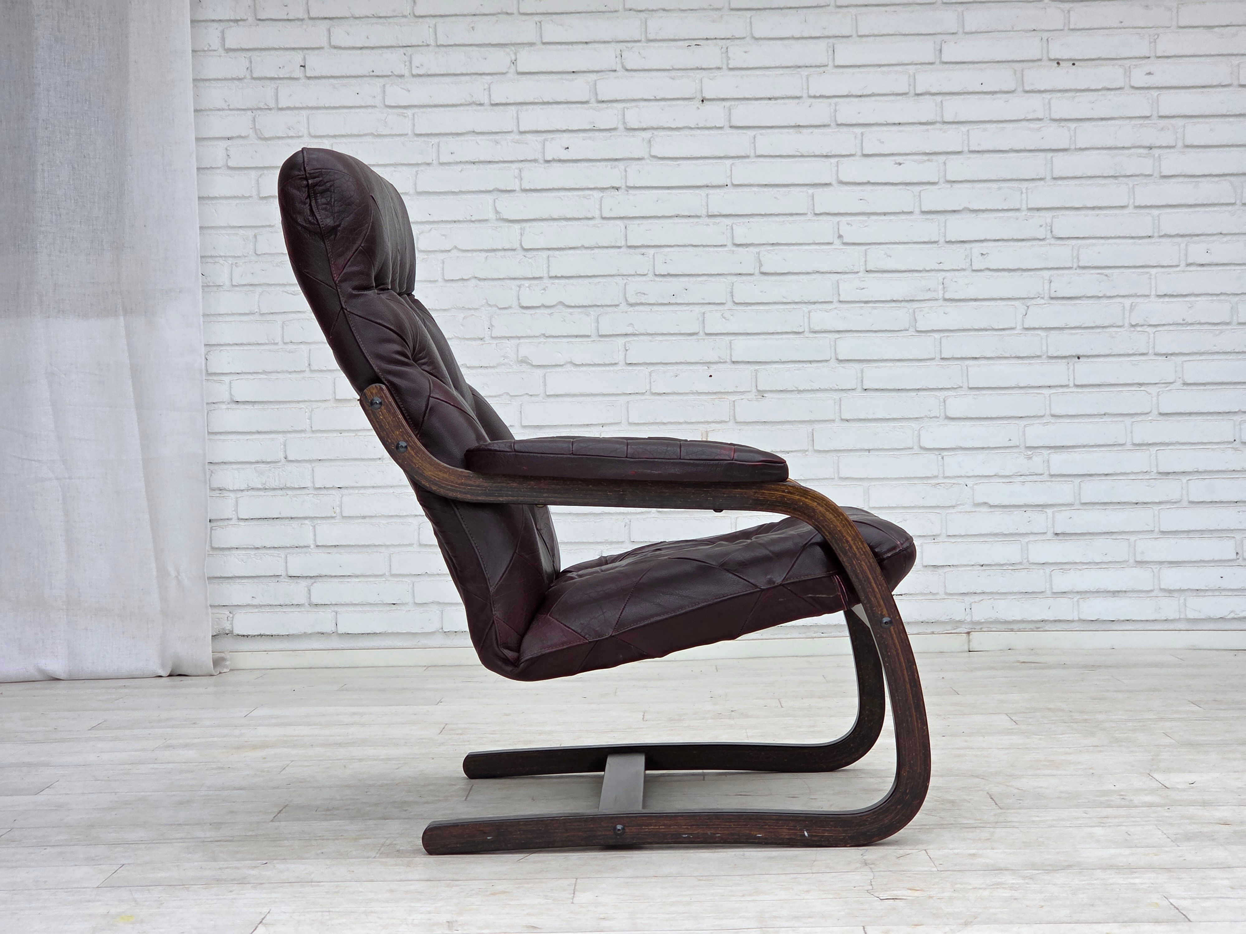 1970s, Scandinavian armchair, brown furniture leather, bent wood.