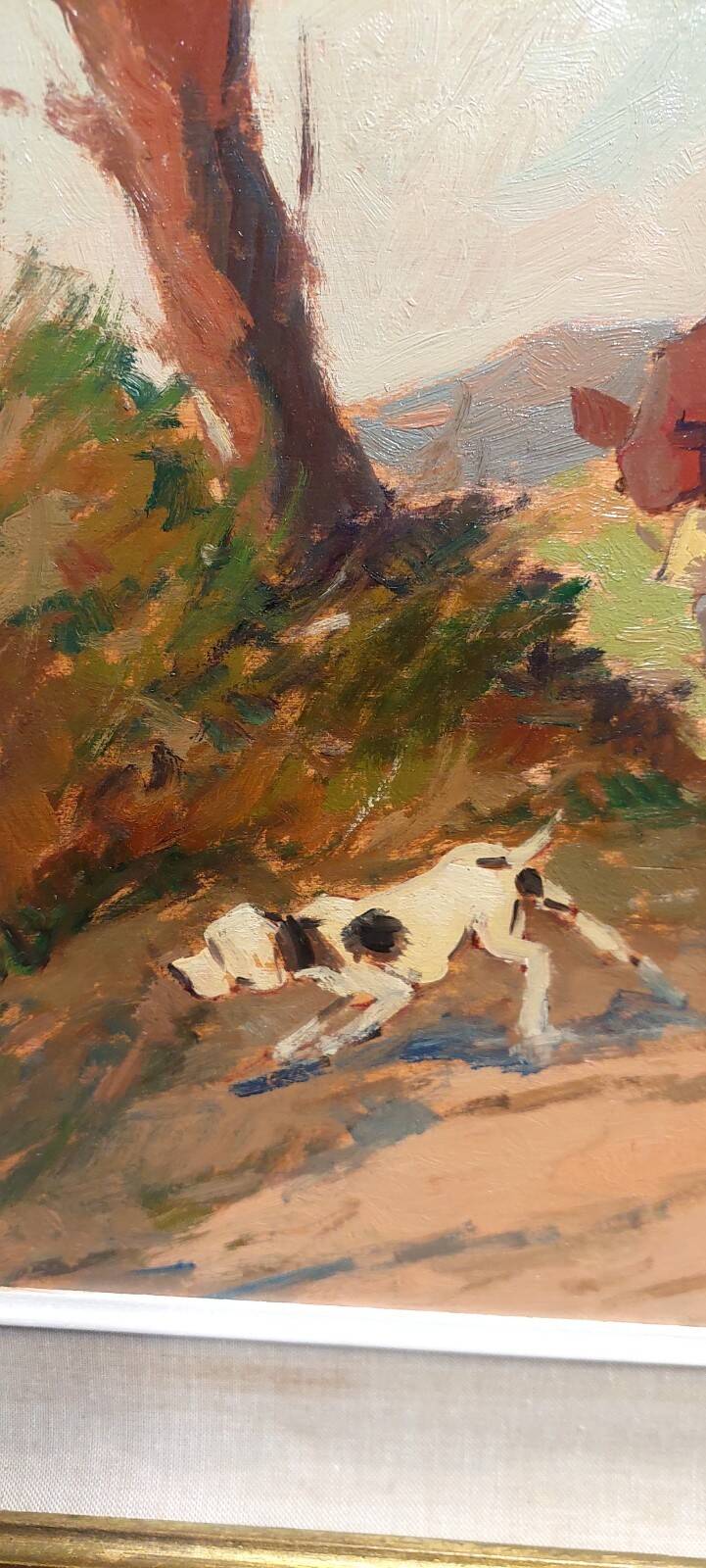 Renzo Martini - Hunters - Oil painting on plywood 60x30 cm