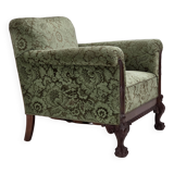 1950s, Danish armchair, green furniture velour, carved oak wood.