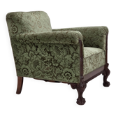 Fauteuil danois des années 1950, revêtement en velours vert, bois de chêne sculpté.