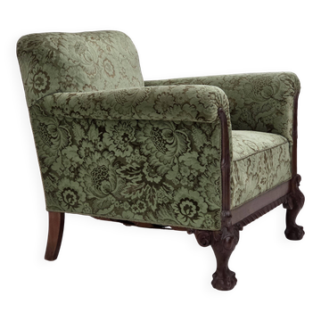 1950s, Danish armchair, green furniture velour, carved oak wood.