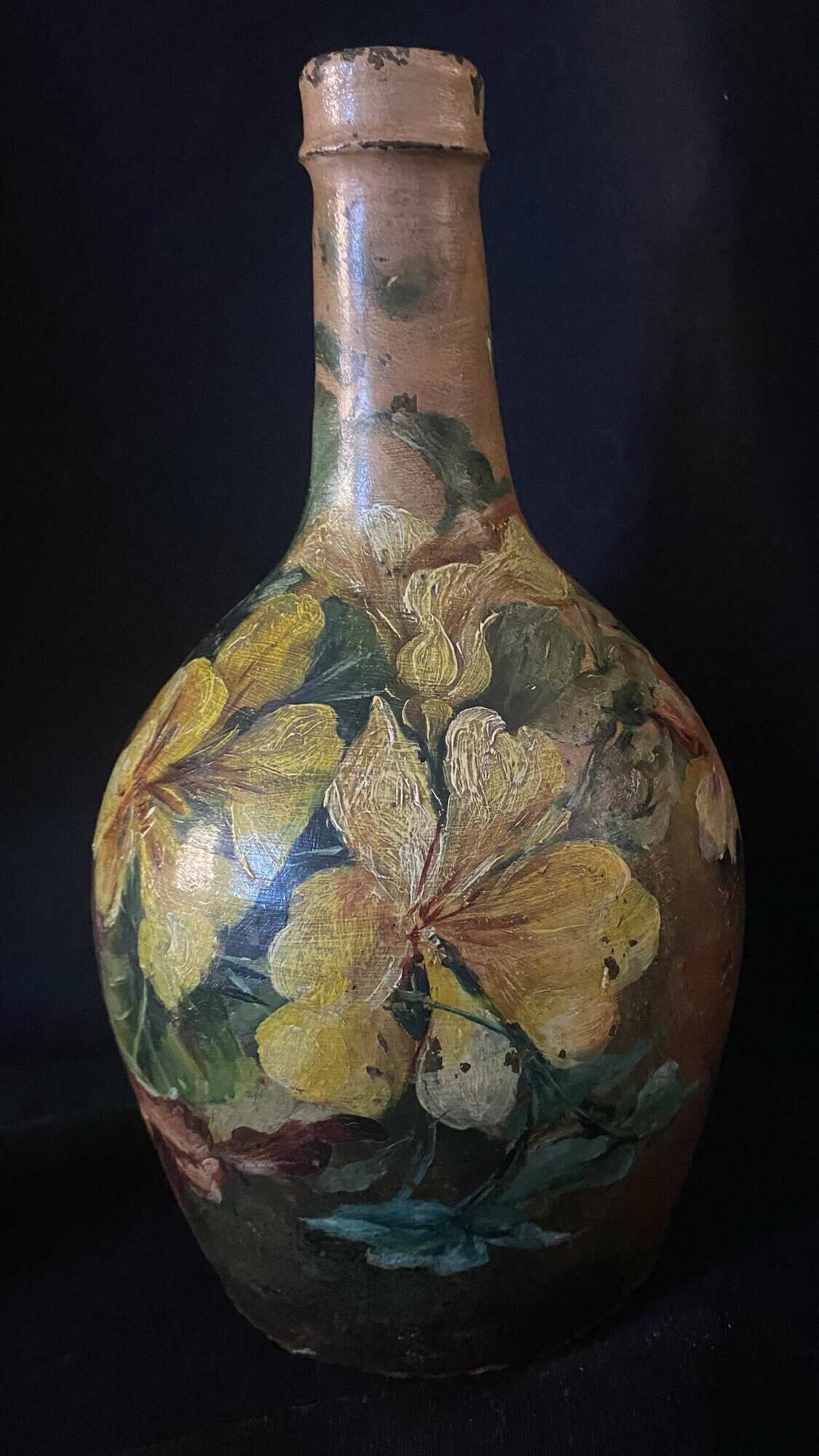 Beautiful bottle B old sandstone painted with floral motifs Folk art Puisaye