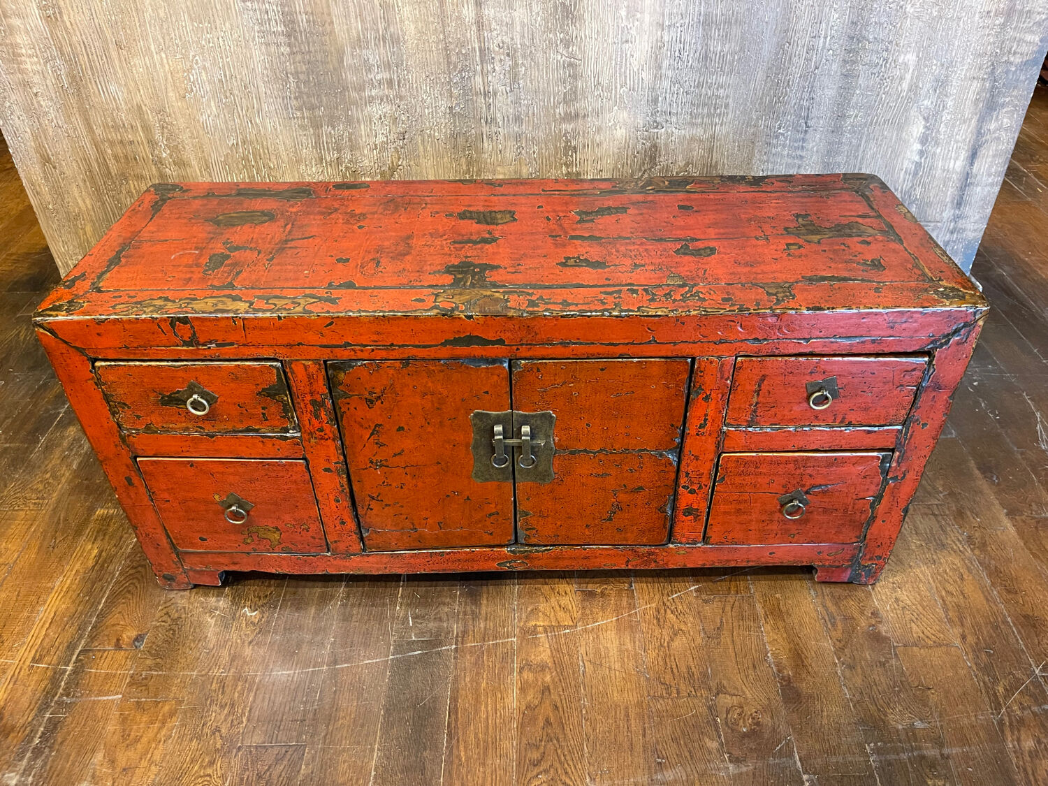 Chinese antique low cabinet 4 drawers + 2 doors