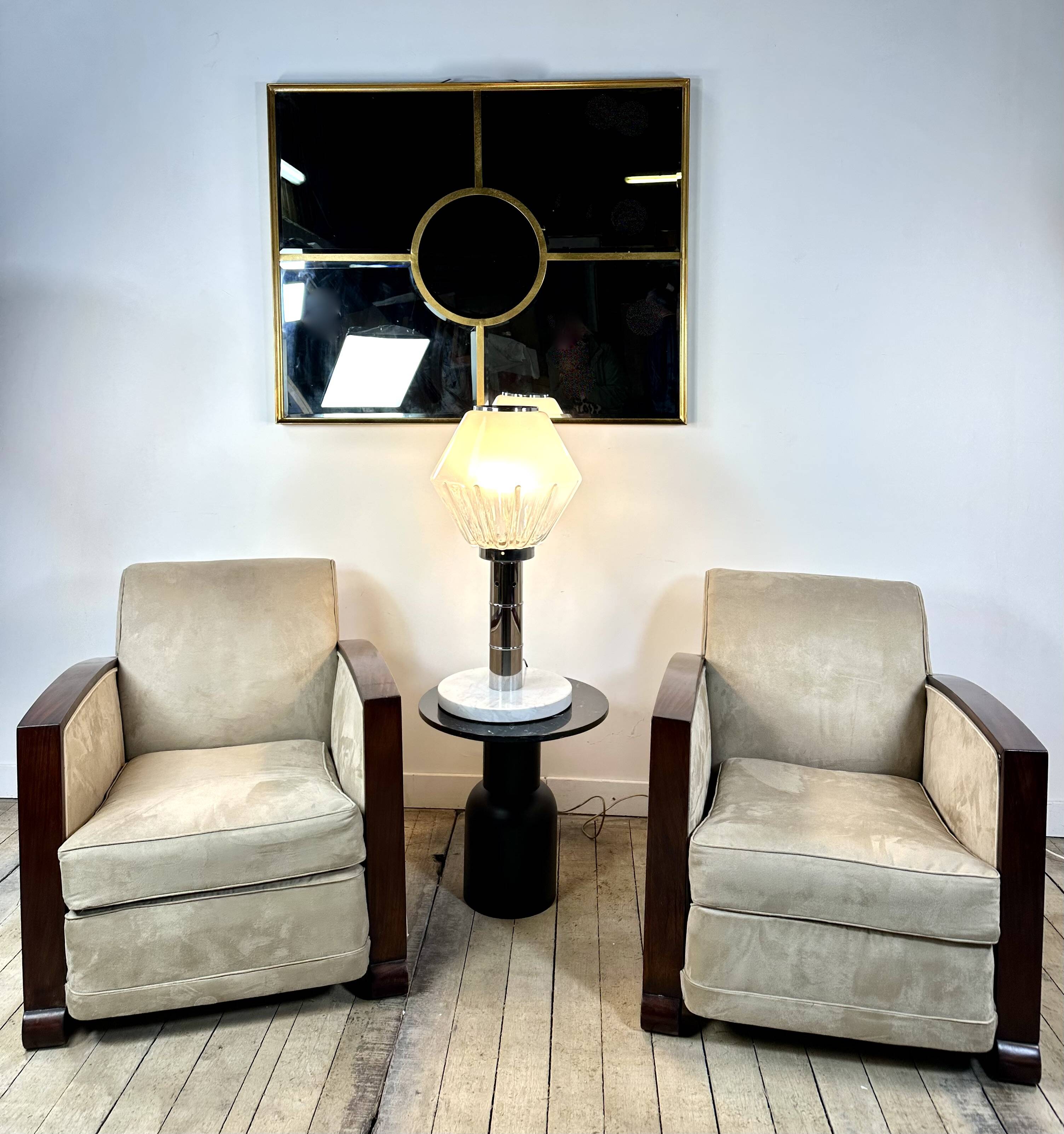 Pair of Art Deco armchairs in rosewood and suede.