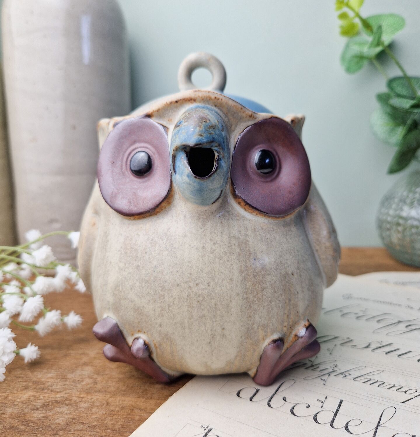 Terracotta owl-shaped teapot by vintage Ibuki Japan