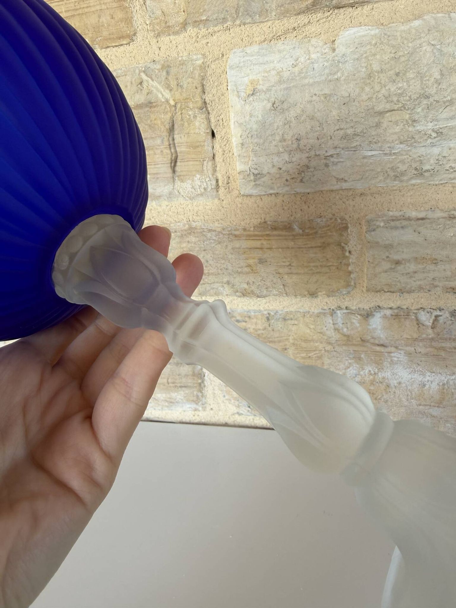 Large vintage Art Deco footed bowl – cobalt blue & frosted glass