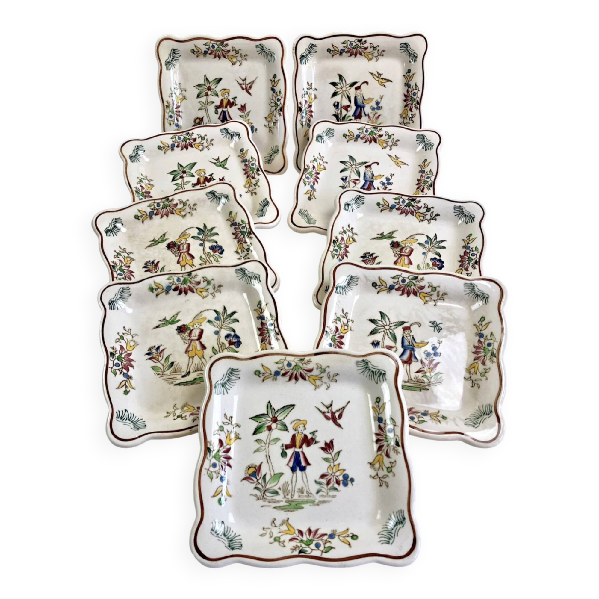 9 old square plates for cake, dessert, and aperitif from Longwy Moustier.