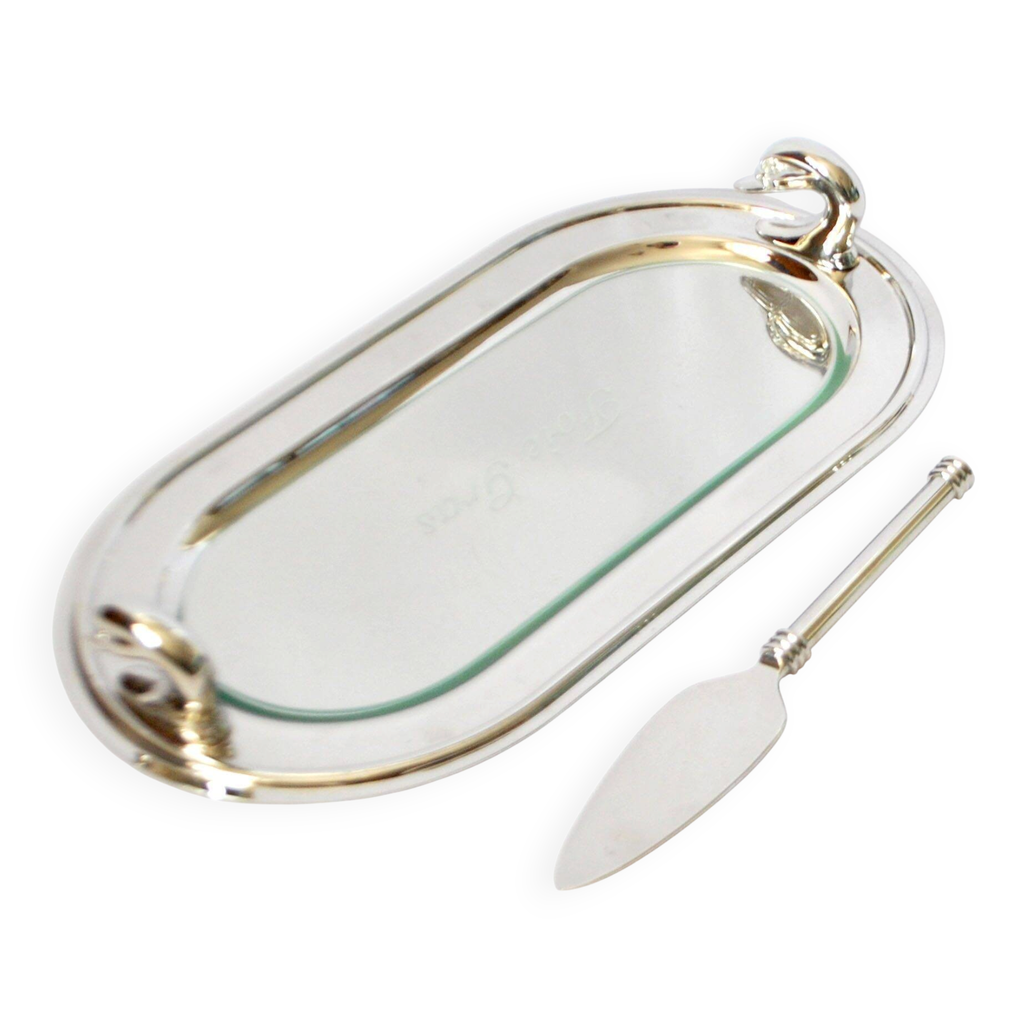 Vintage silver-plated foie gras platter with goose head decoration and serving spatula.