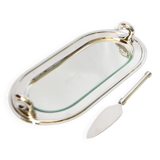 Vintage silver-plated foie gras platter with goose head decoration and serving spatula.