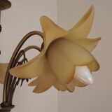 Vintage 5-light chandelier in metal with a bronze effect and flower-shaped lampshades, France.