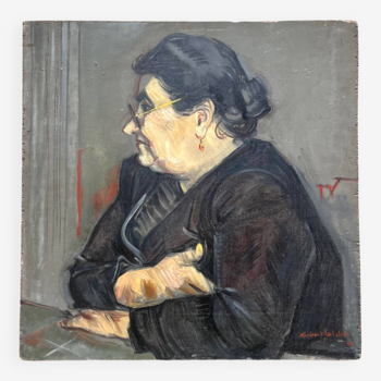 The grandmother, oil on panel signed Robert Labelllie, dated 1944