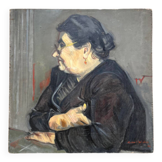The grandmother, oil on panel signed Robert Labelllie, dated 1944